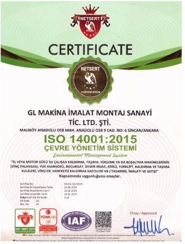 ISO 14001 Belgesi - GL Makina