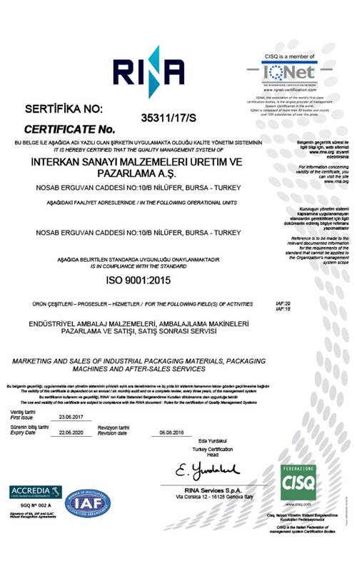ISO 9001 Belgesi - İnterkan Makina